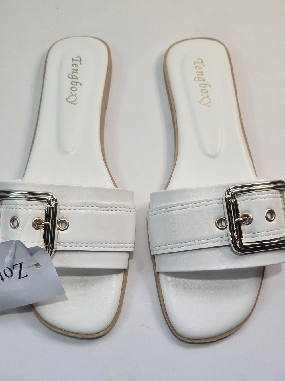 White Wide Fit Buckle Slide Sandals – 27 cm